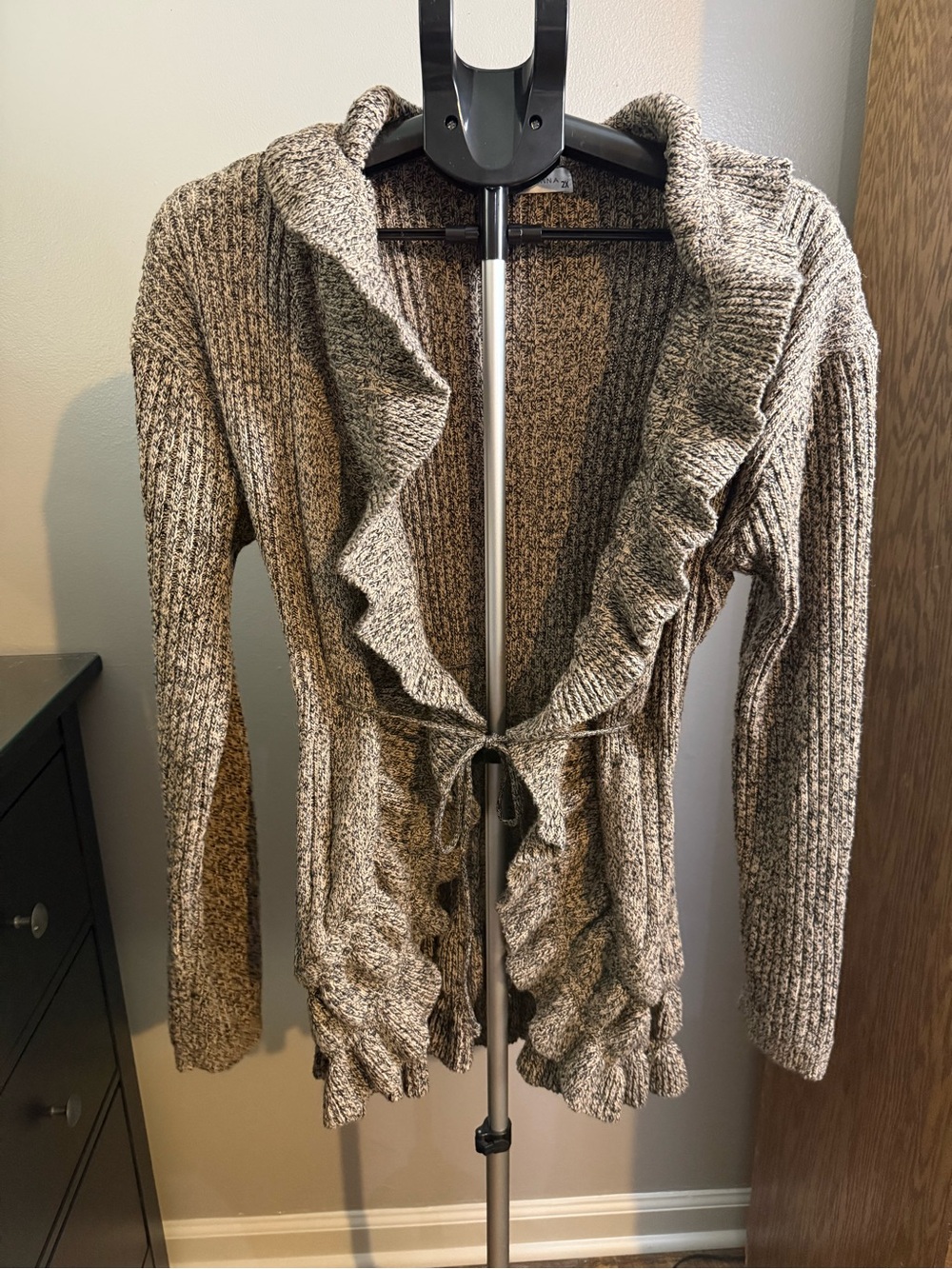 Jon & Anna 2X Marled Taupe Ruffle Front Cardigan Sweater Tie Waist
